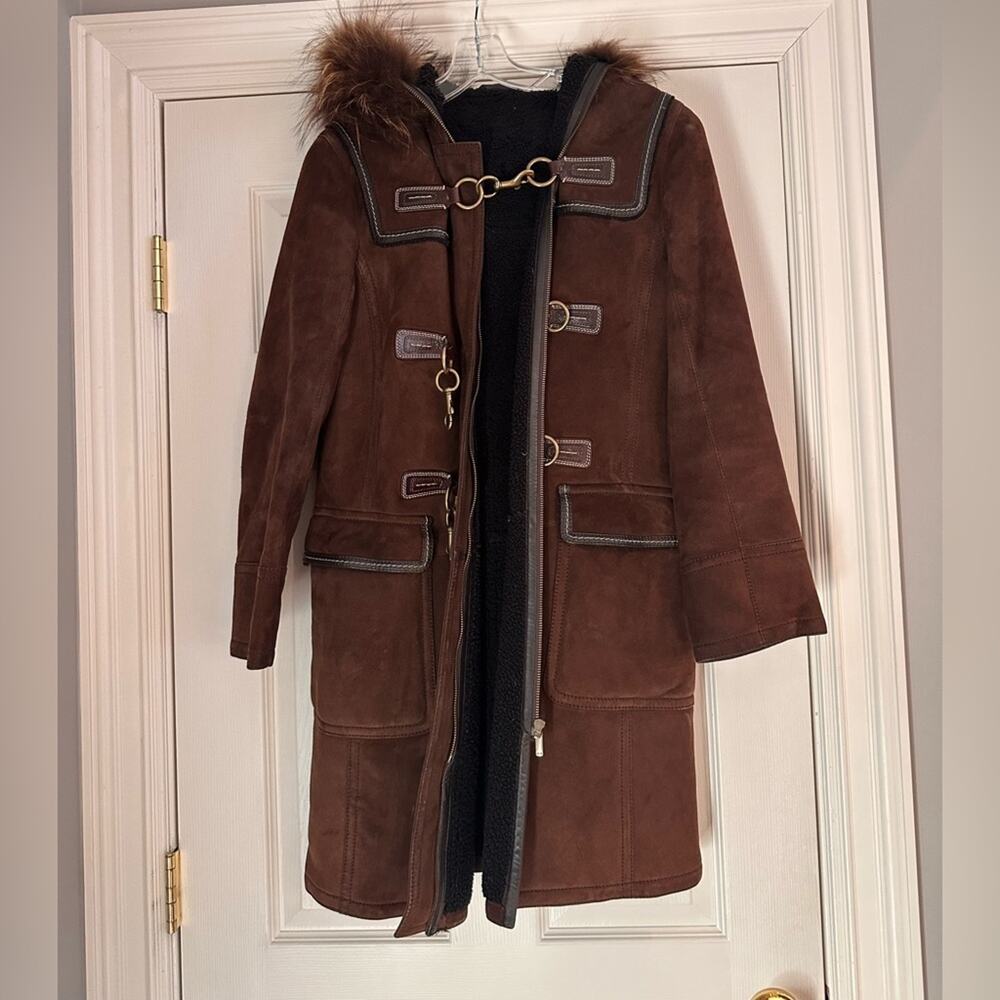 Coach Brown Suede Shearling Toggle Coat Fur Hood * flaw Designer READ Size 6